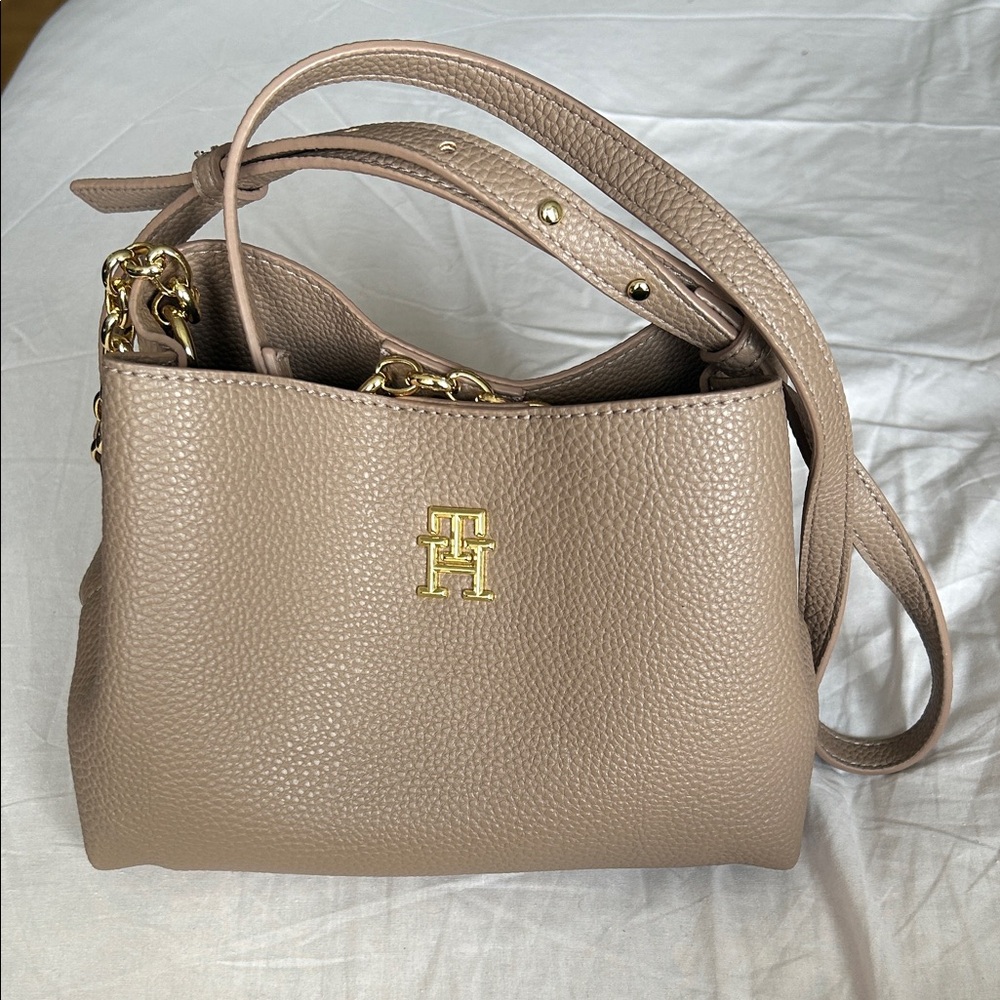 Tommy Hilfiger Taupe Pebble Leather Crossbody Bag